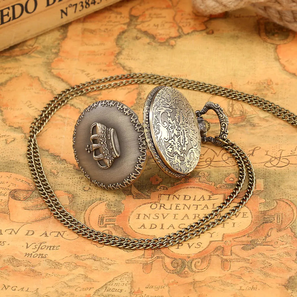 Retro Embossed Crown Design Quartz Pocket Watch Bronze Clamshell Pendant Sweater Chain Necklace Gifts for Men Women