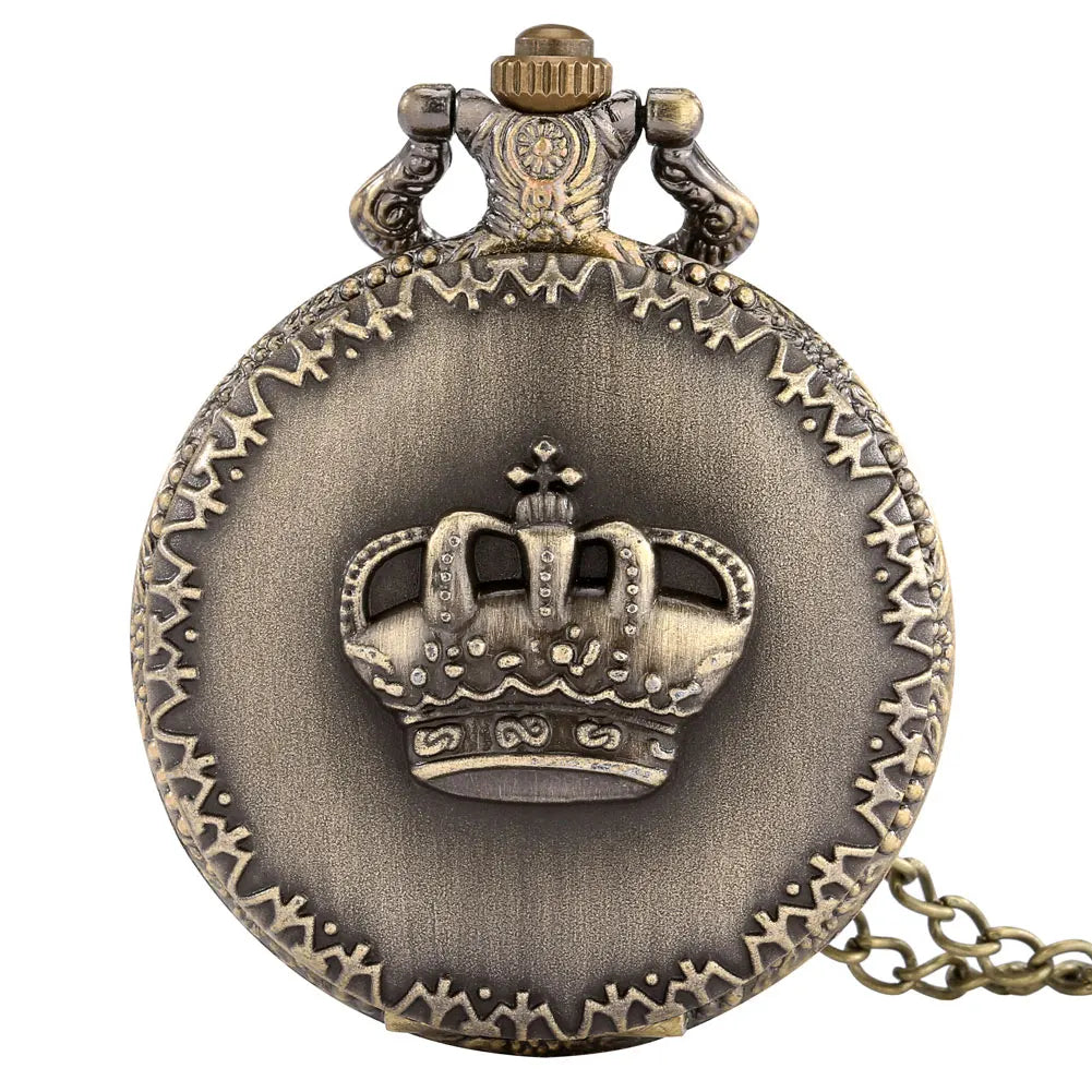 Retro Embossed Crown Design Quartz Pocket Watch Bronze Clamshell Pendant Sweater Chain Necklace Gifts for Men Women