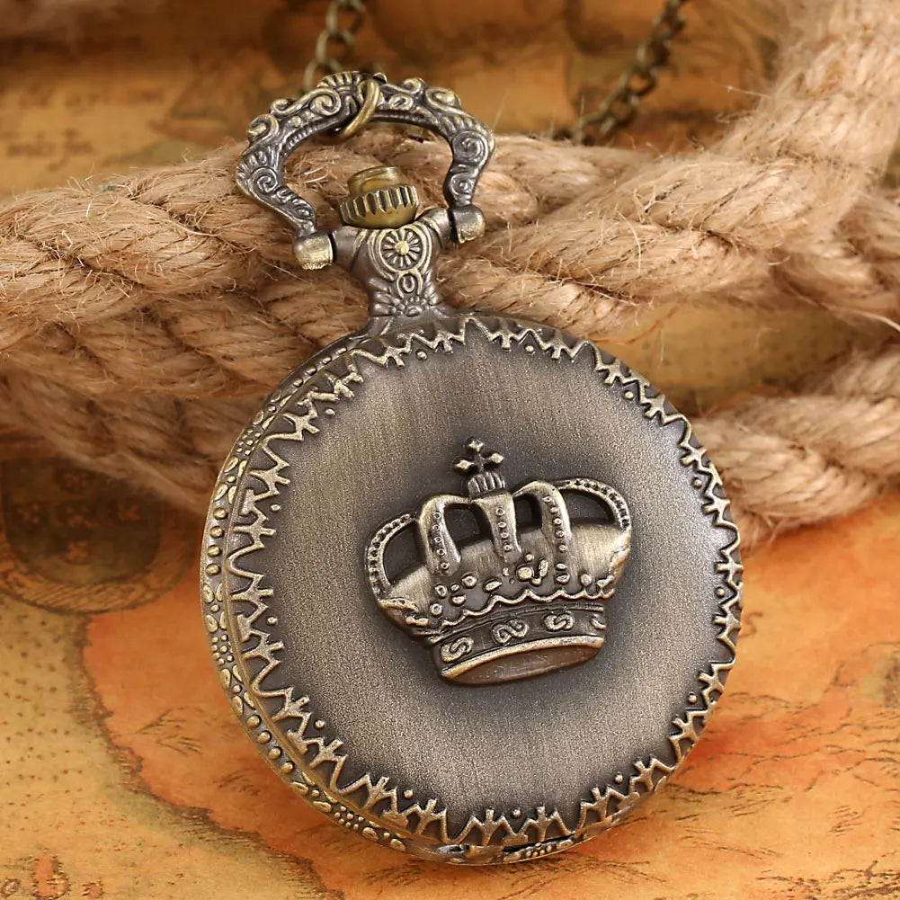 Retro Embossed Crown Design Quartz Pocket Watch Bronze Clamshell Pendant Sweater Chain Necklace Gifts for Men Women