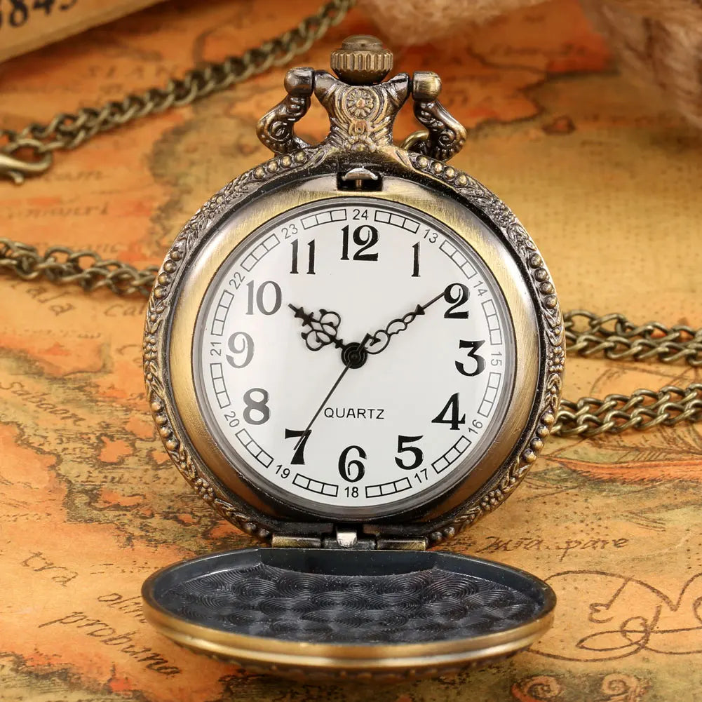 Retro Embossed Crown Design Quartz Pocket Watch Bronze Clamshell Pendant Sweater Chain Necklace Gifts for Men Women