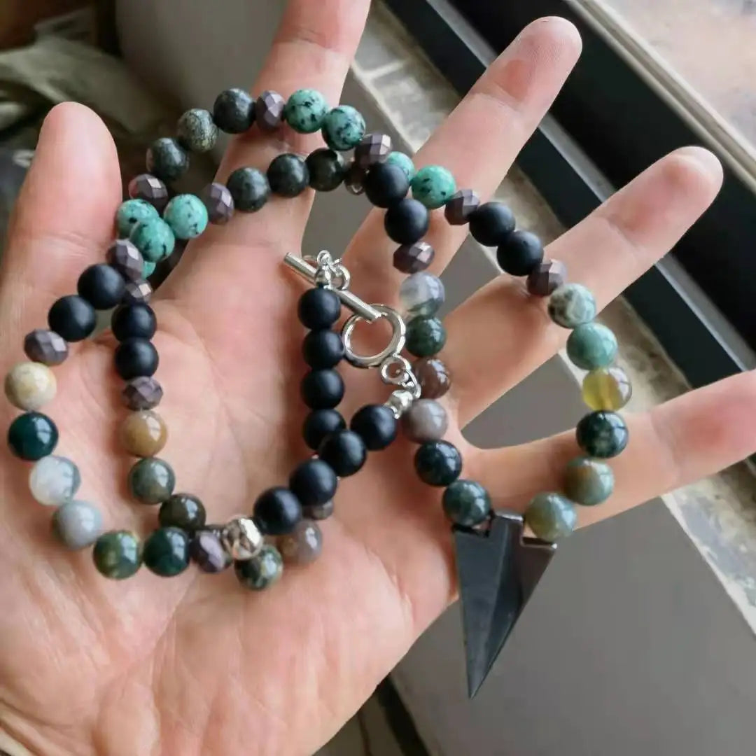 Mens Tiger's Eye & Black Onyx Necklace - Tribal Surf Boho Style
