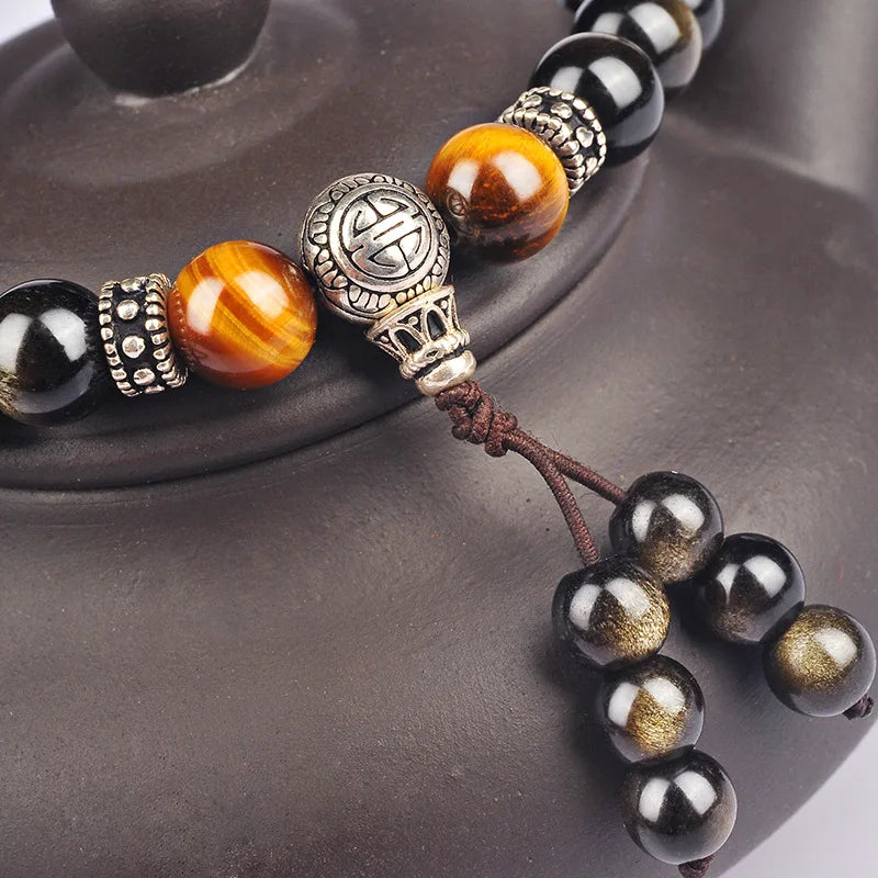 Men's Natural Obsidian & Tiger Eye Tibetan Silver Pixiu Bracelet
