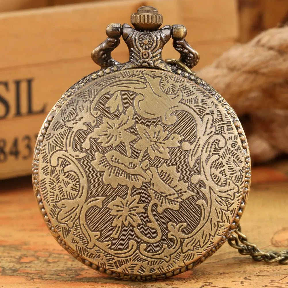 Retro Embossed Crown Design Quartz Pocket Watch Bronze Clamshell Pendant Sweater Chain Necklace Gifts for Men Women