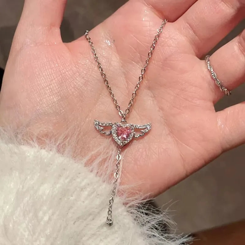 Romantic Pink Crystal Angel Wings Heart Pendant Necklace | Y2K Trendy Jewelry