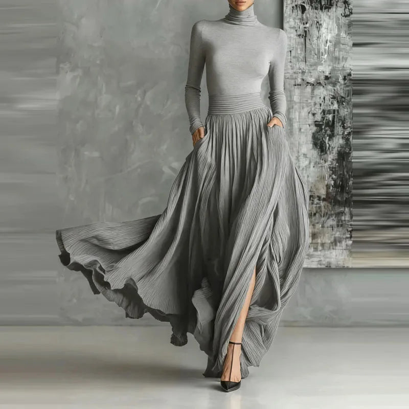 Elegant L/S Casual Turtleneck Pullover & Long Skirt Set with Pocket Solid Skirt