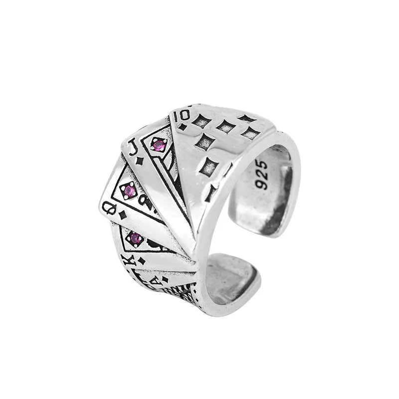 PANJBJ 925 Stamp Silver Color Poker Ring For Wowen Man Neutral Retro Pink Zircon Jewelry Birthday Gift Dropship