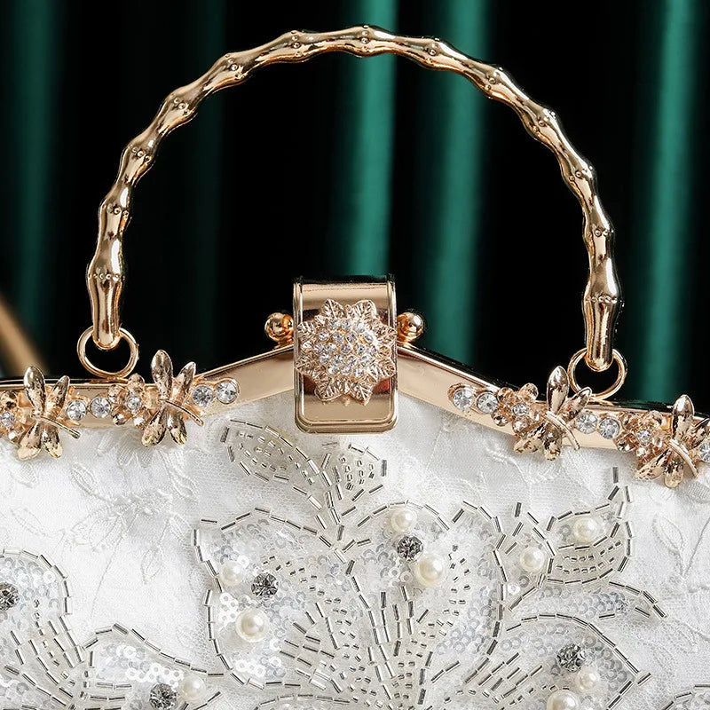 Vintage Retro Chic Flapper Girl Kisslock Handbag Lace Floral Embroidery Shiny Paillette Evening Prom Phone Pearl Strap Side Bag