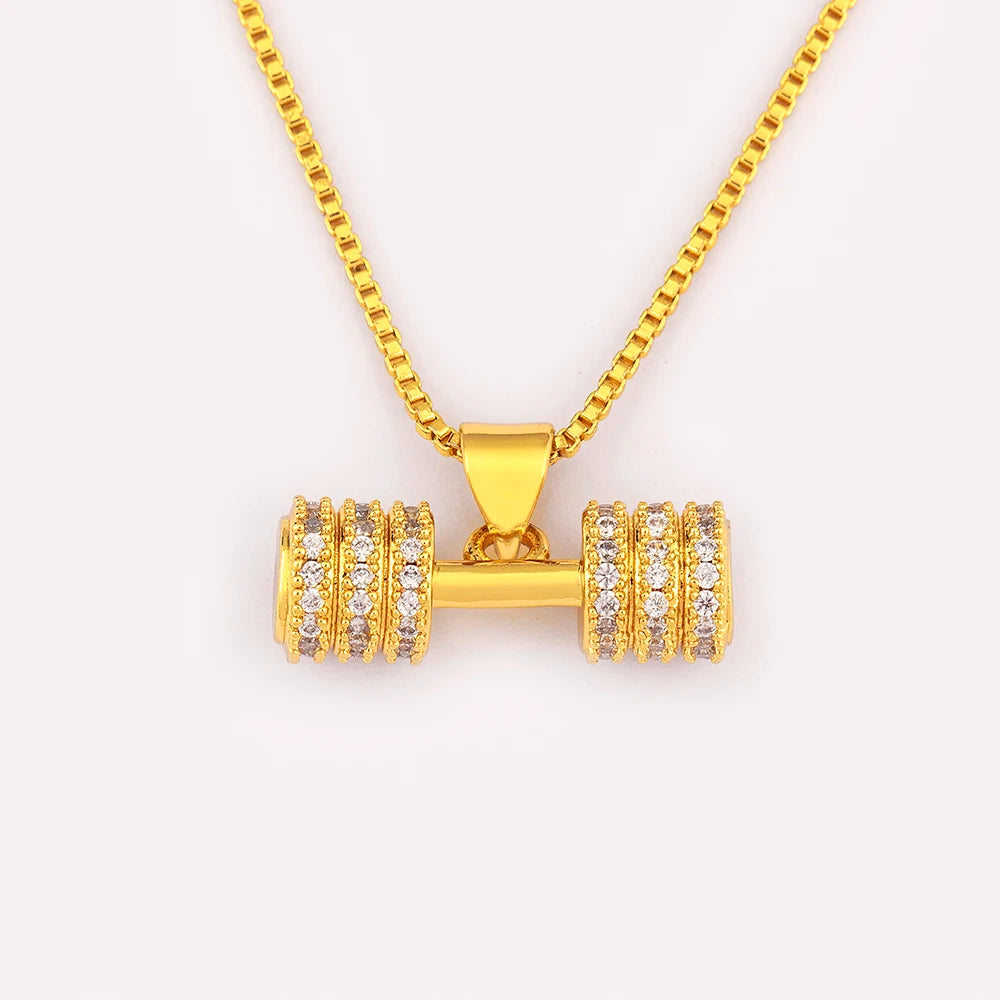 Gold Dumbbell Charm Pendant Necklace with Crystal Zircon