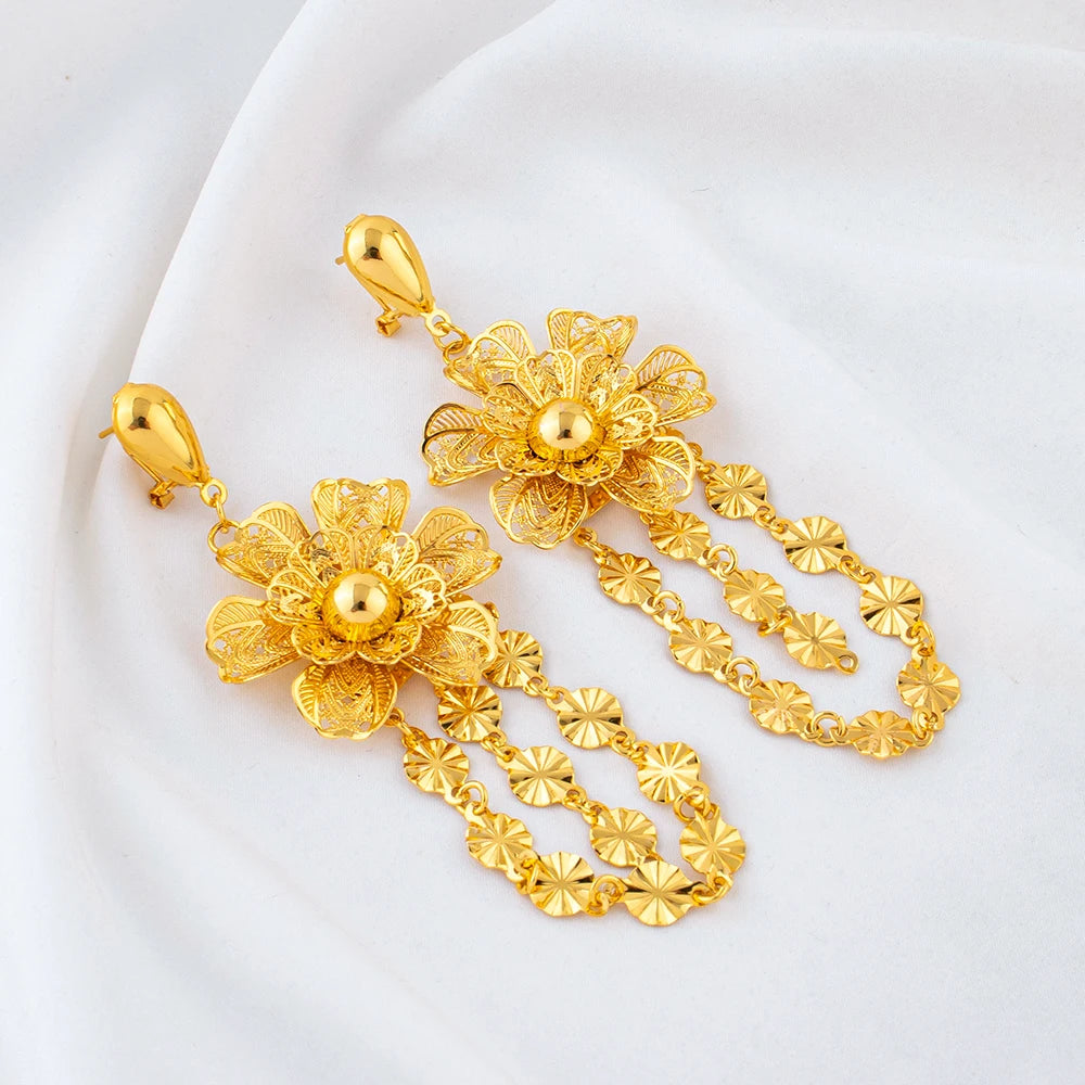 24K Gold Plated Double Layer Flower Tassel Necklace & Earrings Set | Dubai African Bridal Jewelry