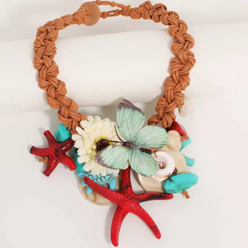 Statement Boho Simulation Starfish Sea Turtle Butterfly Exaggerated Necklace for Women Trendy Wedding Party Jewelry
