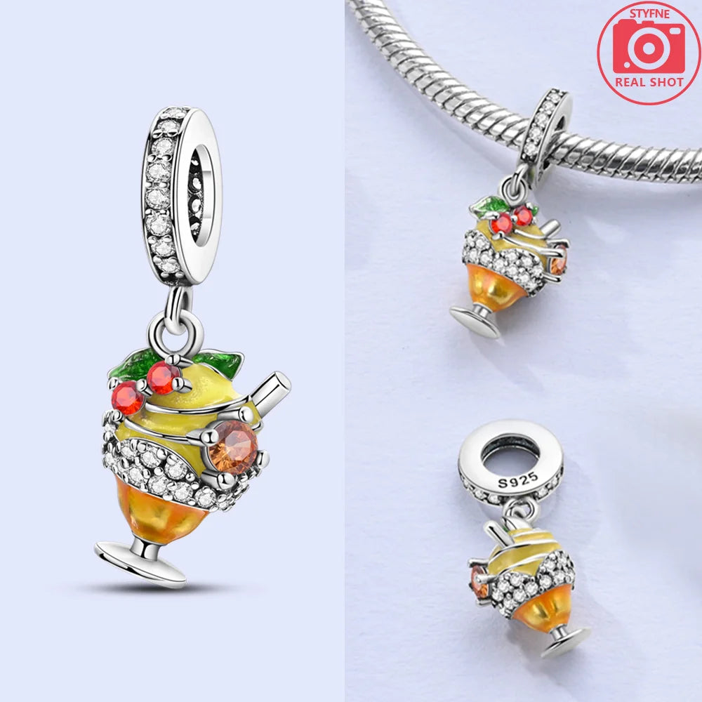 925 Silver Charms Original Hot Dog Coke Apple Pink Flowers Beads Fit Bracelet Jewelry Women Diy Friend Gift Accessories