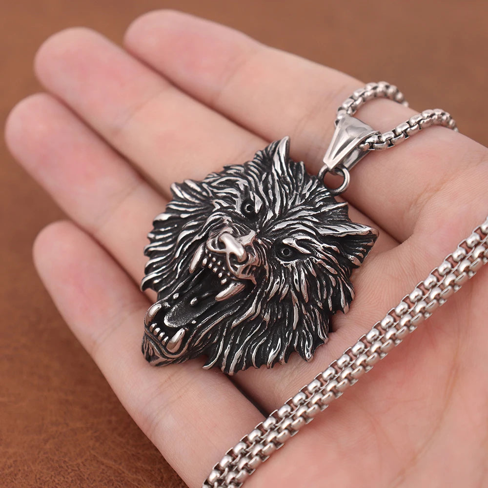 Men's Stainless Steel Viking Wolf Fenrir Pendant Necklace