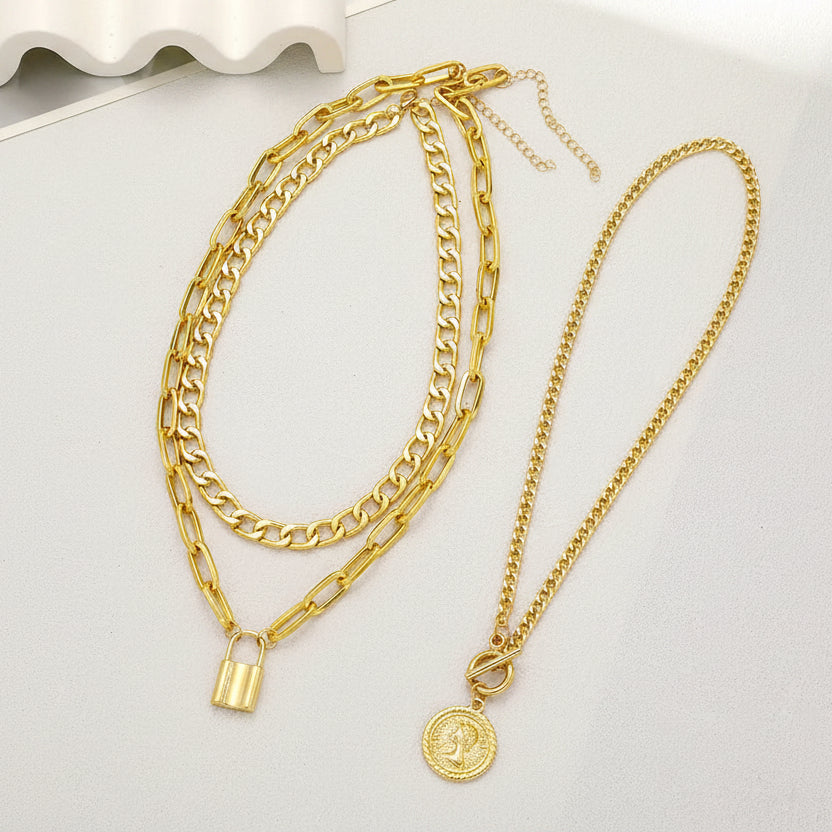 Women's 3-Piece Layered Gold Chain Necklace Set | Lock, Coin & Link Pendant