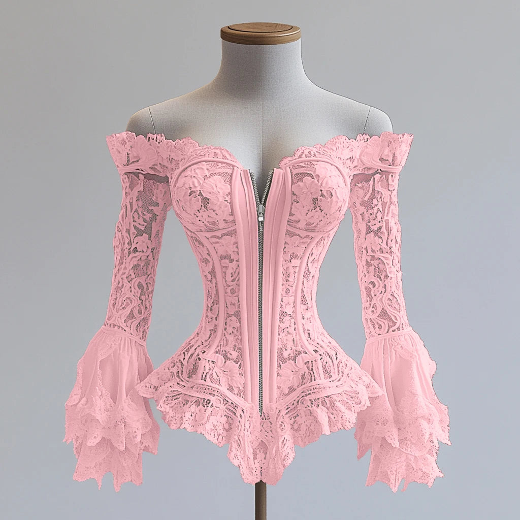 Off Shoulder Lace Blouse Flare Sleeve Zipper Fly Solid Elegant Chic Sexy Hollow Out Long Sleeve Tops Irregular Hem Top