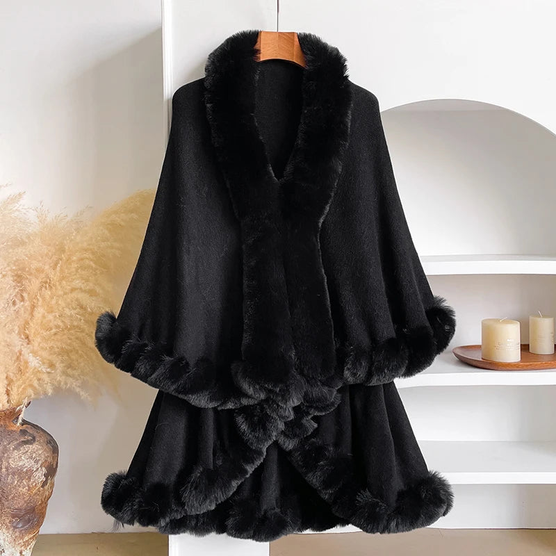 Winter New Thicken Mink Wool Full Trims Faux Fur Cape - Women's Hooded Loose Fleece Cloak Coat for Party Dress Wraps Warm