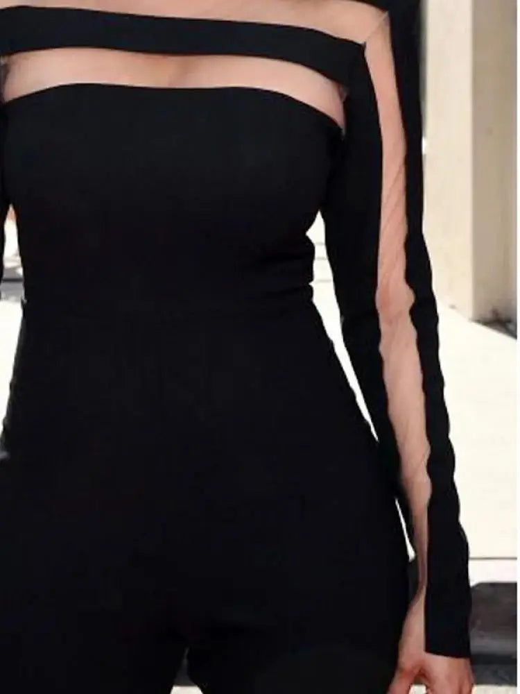 Fashion Sexy Mesh Split-Joint High Neck T-Shirts Long Sleeves Solid Color