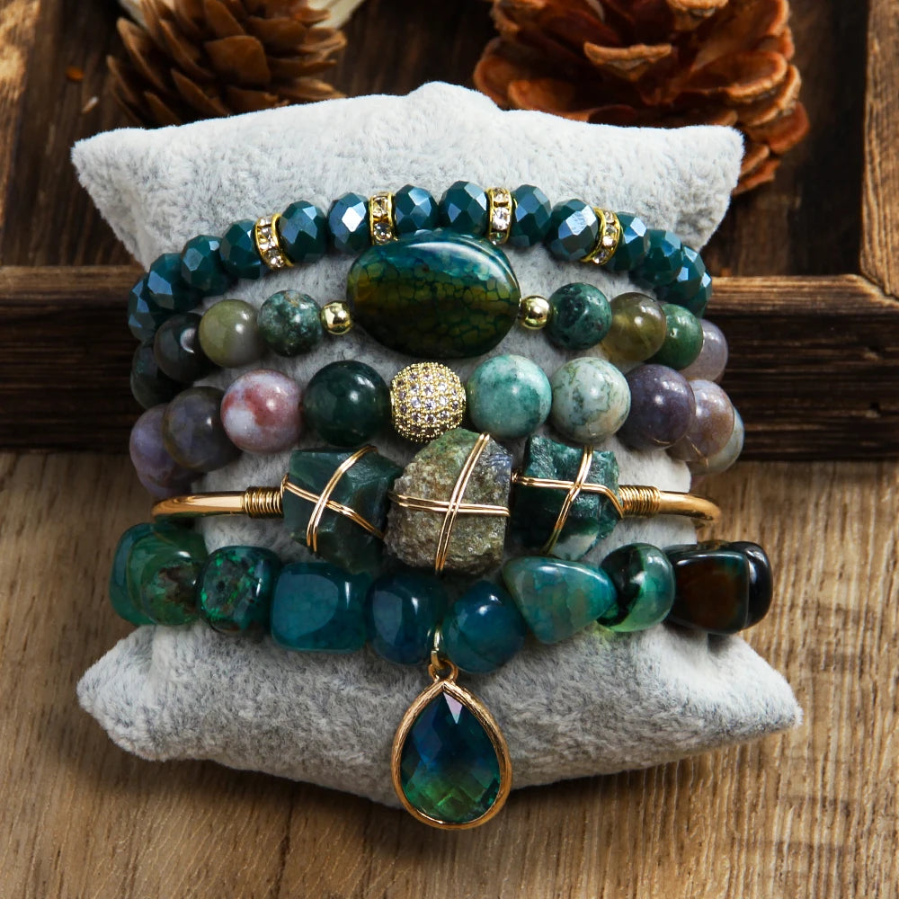Natural Stone Beaded Bracelet Set - 5 Piece Bohemian Stack