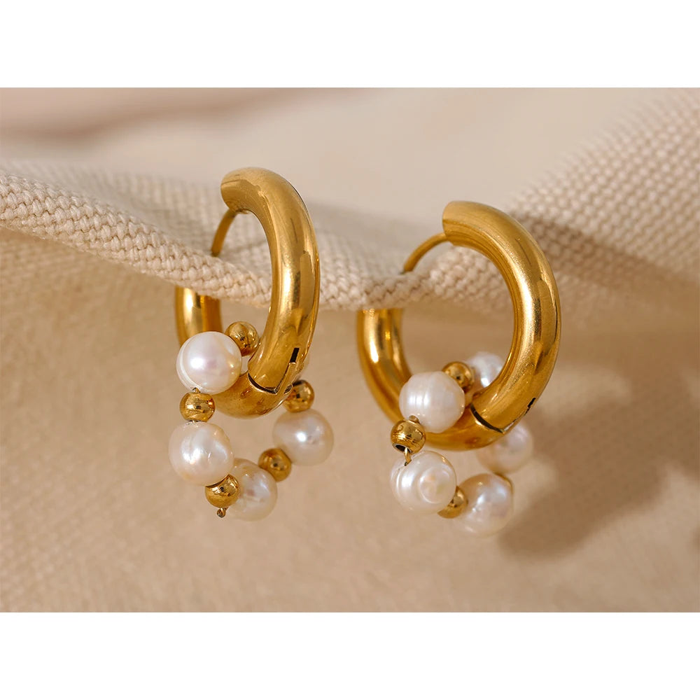 Natural Pearl 18K Gold Stainless Steel Huggie Hoop Earrings