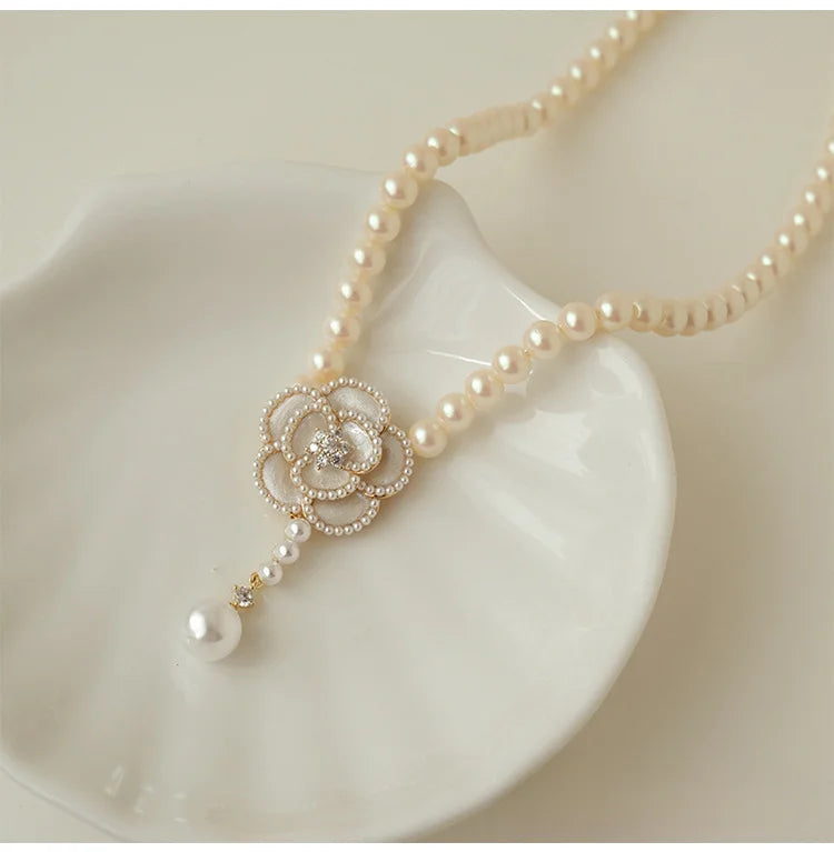 Pearl Camellia Flower Pendant Necklace