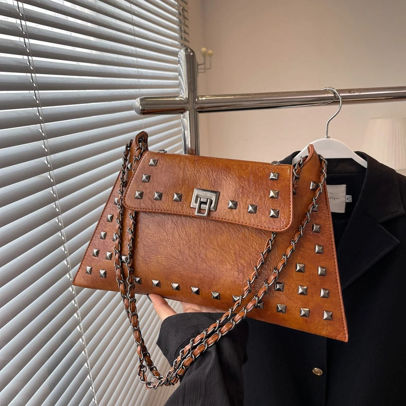 Punk Studded Envelope Shoulder Bag for Women | Rivet Chain Crossbody Handbag | Black & Chocolate