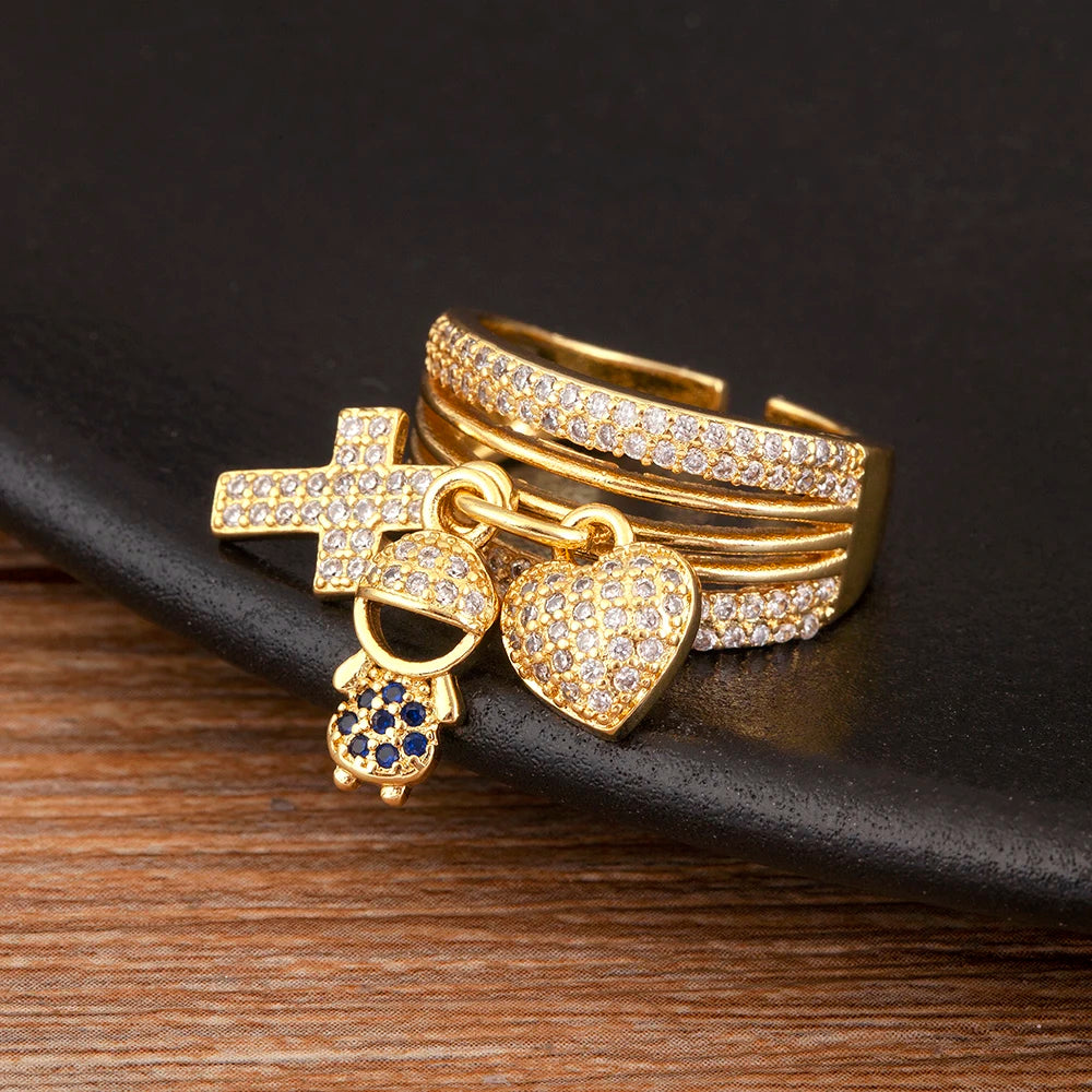 Women's Gold Plated Family Charm Ring – Adjustable