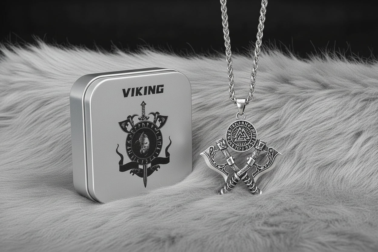 Men's 316L Stainless Steel Double Axe Viking Pendant Chain Necklace