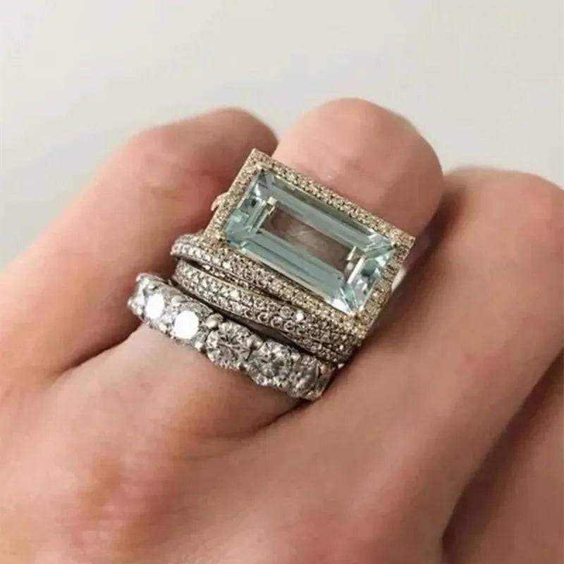 Fashion Three Piece Set Blue Square Zircon Rings - Custom Jewelry