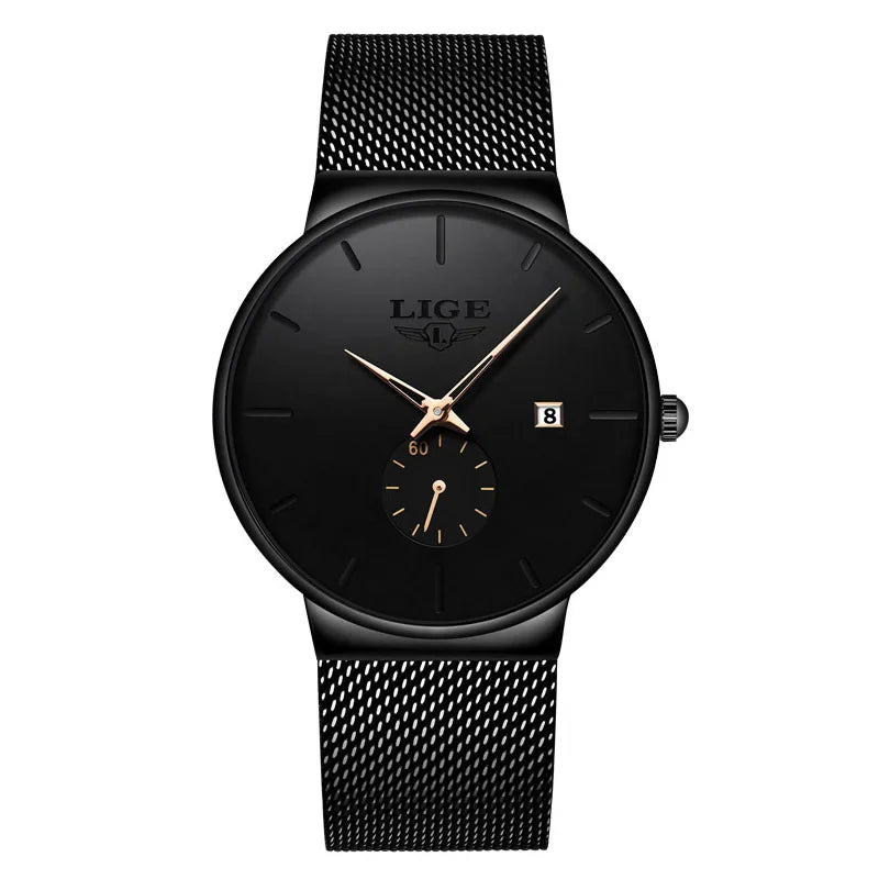 LIGE Men's Fashion Slim Quartz Watch | Mesh Steel Band | Waterproof | Auto Date