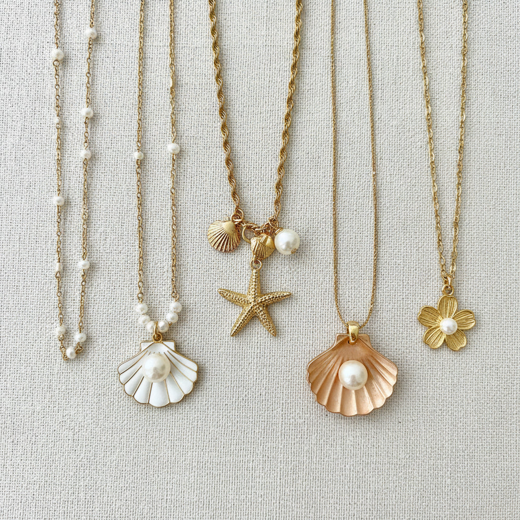 5 Pcs Boho Starfish Shell Pendant Necklace Set For Women Trendy Summer Beach Pearl Flower Necklaces Girls Travel Party Jewelry