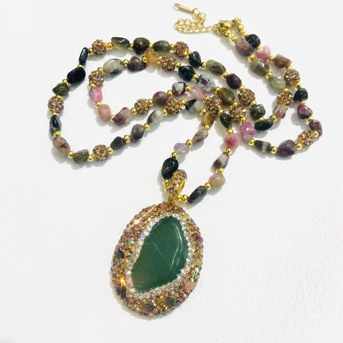 Natural Tourmaline Pendant Necklace - Retro Long Chain Necklace