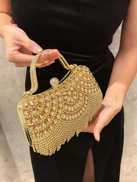 Women's Rhinestone Evening Clutch Bag | Metallic Frame Purse for Wedding & Party