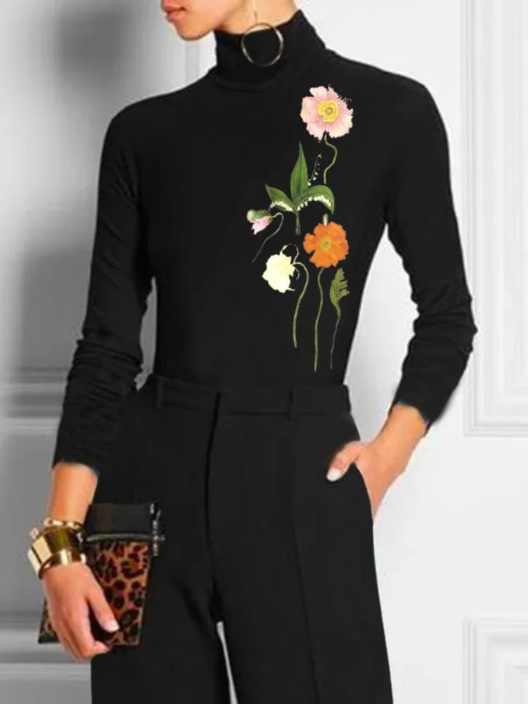 Colorful Fashion Floral Printed High Neck T-Shirts/Tops Long Sleeves Casual