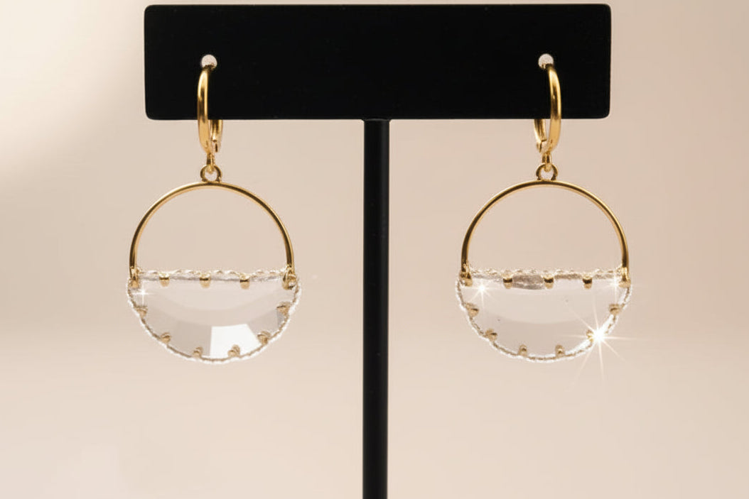 Gold Half-Moon Faceted Glass Hoop Earrings - Earnestly Yours | Hypoallergenic | Made in USA