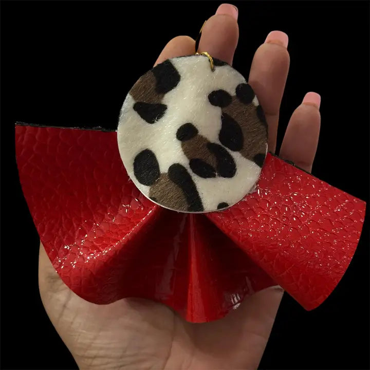 Red Croc Faux Leather Leopard Fur Ruffle Statement Earrings