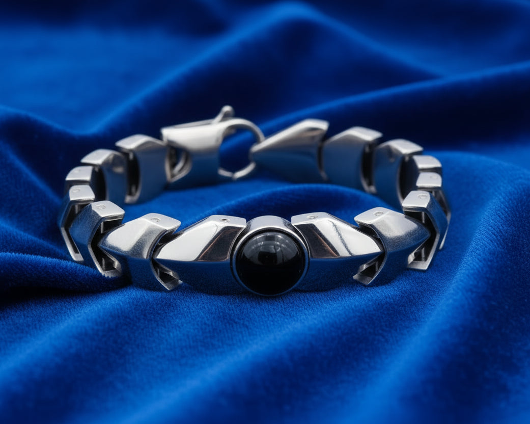 Men's Genuine Onyx Stainless Steel Bracelet | Black Stone | Hypoallergenic | Link Chain