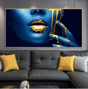 Sexy Gold Lips African Woman Canvas Print — Half Face Blue & Gold | 80x160cm (31x63in)