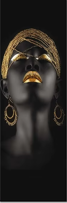 African Woman Art Canvas Print — Gold Lips & Headpiece Portrait | 60x180cm (24x71in)