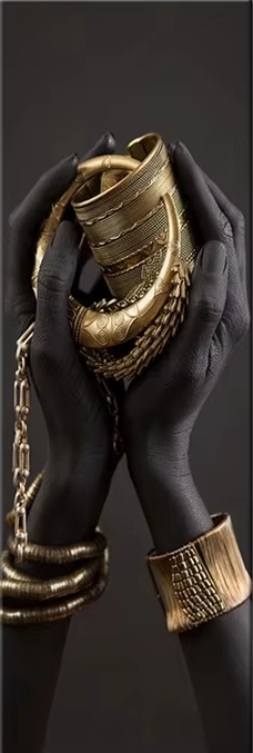 African Woman Art Canvas Print — Two Hands Holding Gold Jewellery | 60x180cm (24x71in)