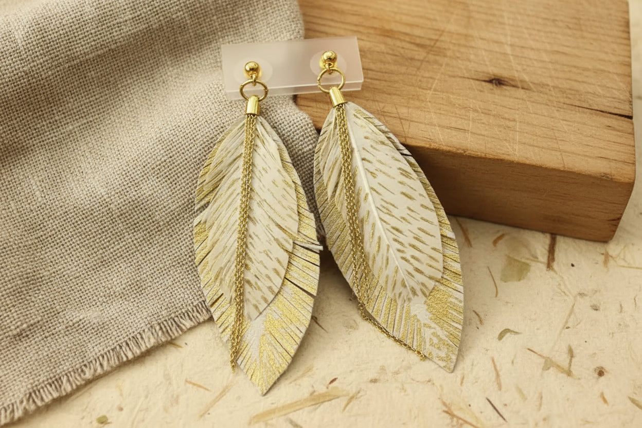 Artisan Hand Painted Leather & Feather Earrings | Handmade Boho Jewelry