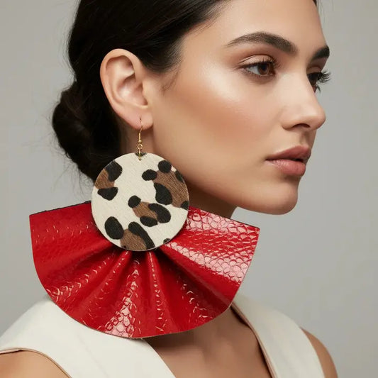 Red Croc Faux Leather Leopard Fur Ruffle Statement Earrings