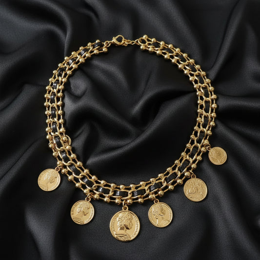 Vintage Leather & Coin Necklace | Handmade Statement Jewelry