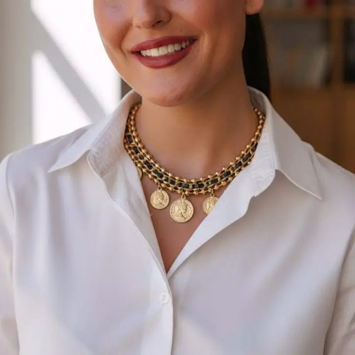 Vintage Leather & Coin Necklace | Handmade Statement Jewelry