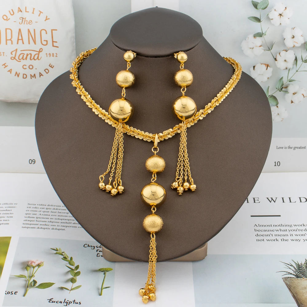 Luxury Gold Color Jewelry Set Nine Beads Cuff Bracelet Earrings Necklace African Dubai Drop Earrings Ring Fashion Italy Jewelry