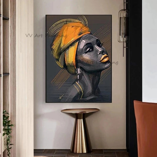 The Handpainted Black Woman African Scarf Girl Oil Paintings On Canvas Pictures No Framed Girl Mural Picuture for Decor Portrait