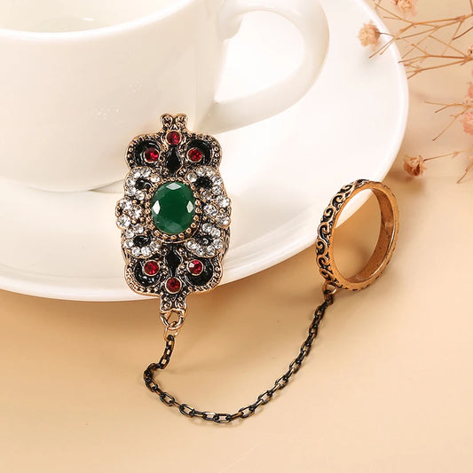 Turkish Vintage Double Ring with Chain - Antique Gold Crystal