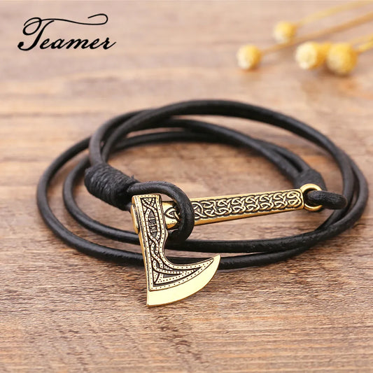 Teamer Mens Bracelet Axe Wrap Viking Bracelet for Men Leather Accessories Silver Color Hatchet Handmade Pirate Bracelet For Male