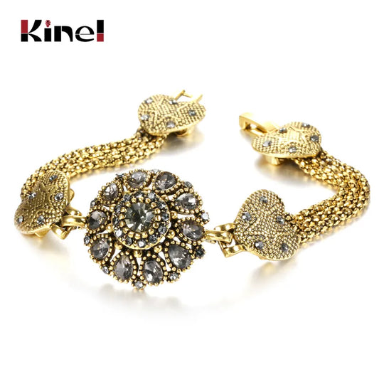 Luxury Boho Bracelet For Women Tibetan Antique Gold Color Grey Crystal Bangle Vintage Ethnic Wedding Jewelry