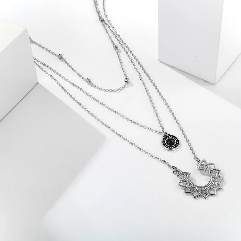 Multi-layer Tassel Water Drop Black Opening Flower Necklace