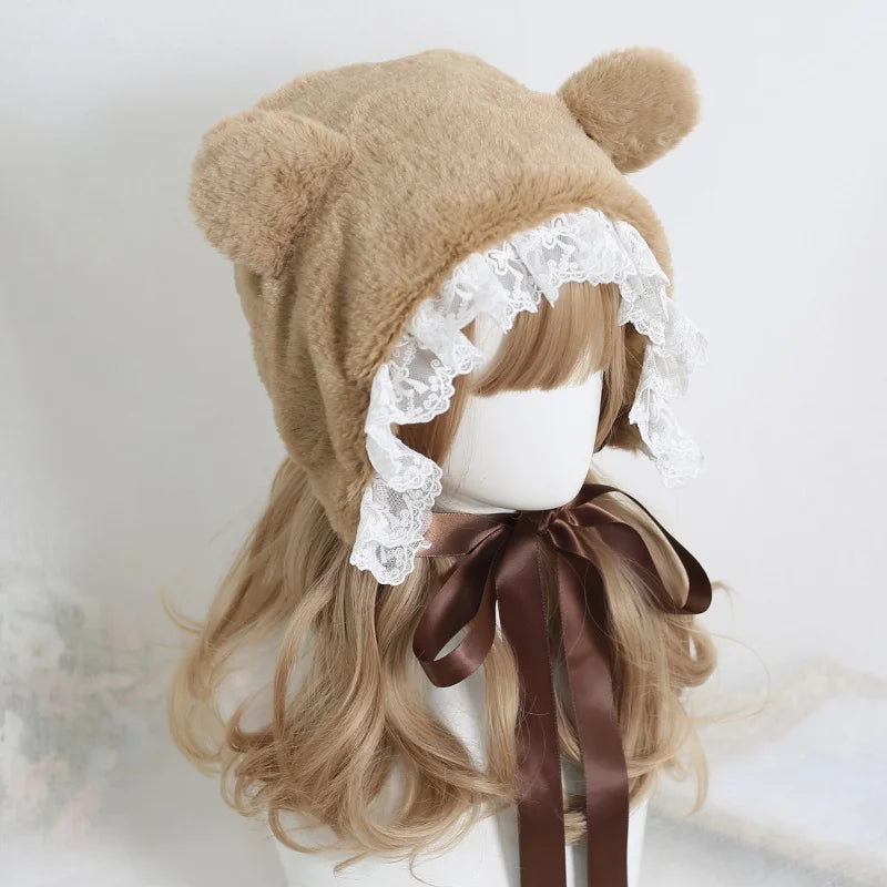 Cute fluffy bear lace hat