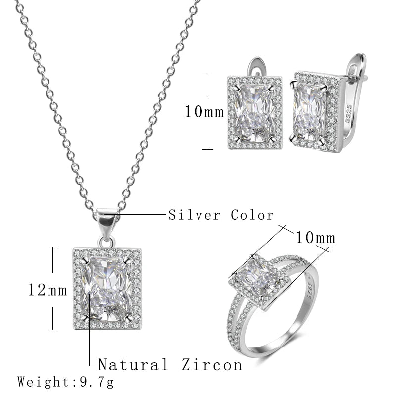 925 Silver Natural Zircon Fine Jewelry Sets Women Ring Necklace Earring for Bridal Wedding Jewelry Valentine's Day Gift